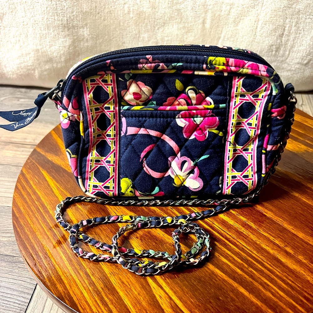 Vera Bradley Mini Chain Crossbody Purse Bag Ribbons Print Navy Pink Purple Green